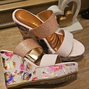 Rouge! Pink and Gold Wedge Sandals with Glitter Straps